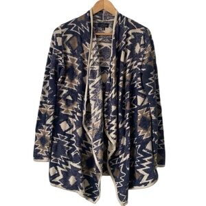 Lucky Brand Aztec western Blue Cream open front waterfall cardigan